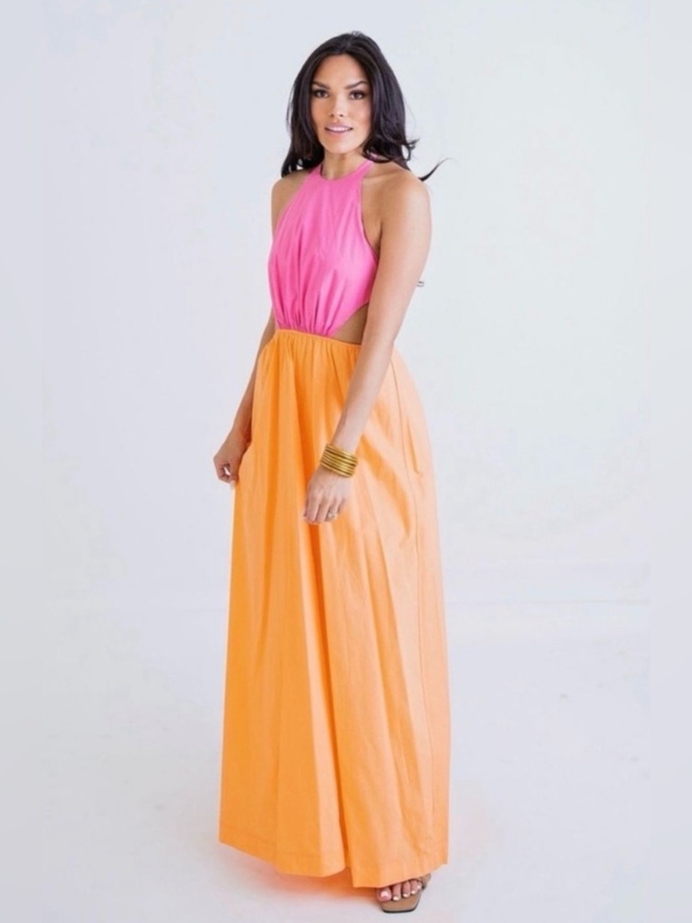 Karlie Pink and Orange Halter Top, Open Back, Maxi Dress, S/M